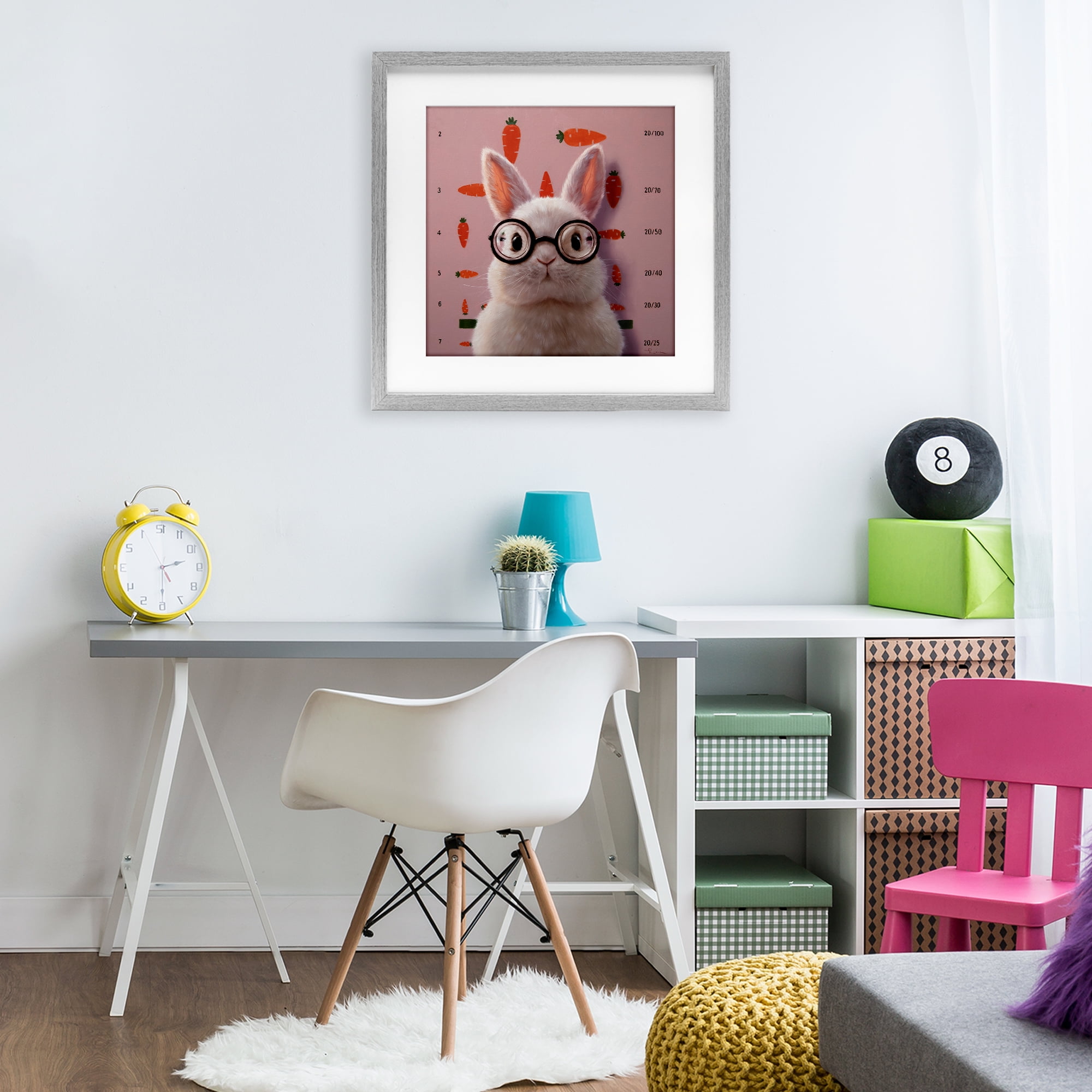 Bunny & Carrots Eye Exam Gray Framed Print Under Glass, design by Lucia Heffernan