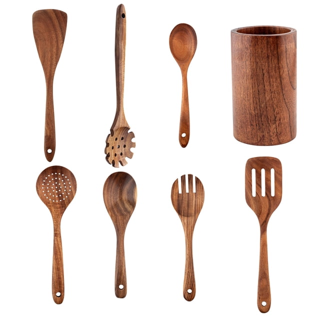 Precio sorpresa!Juego de utensilios de cocina de teca natural - Cuchara de cocina de agarre cómodo, cuchara de madera para cocinar - Juego de utensilios de madera para cocinar, utensilios de cocina