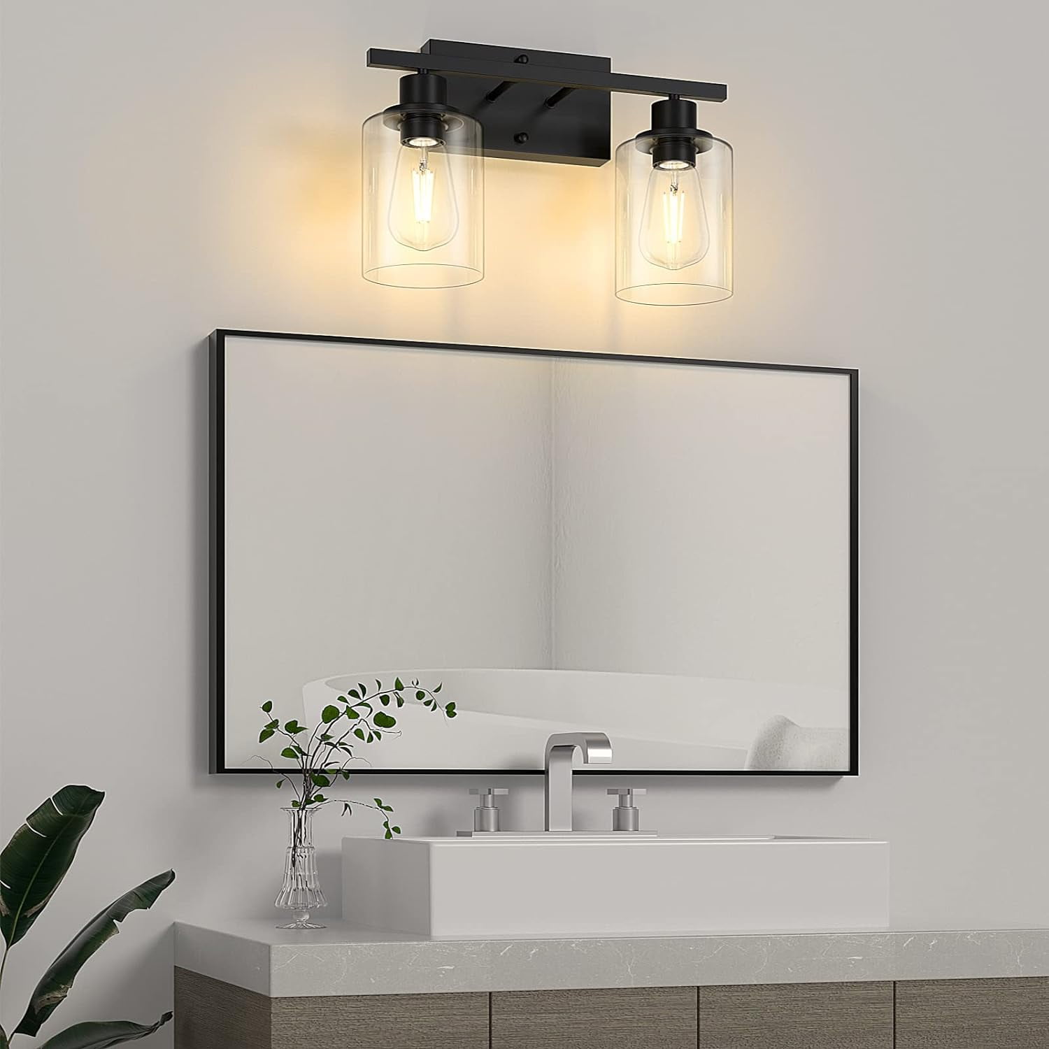 2-Light Black Bathroom Light Fixture, Vanity Light Over Mirror with Clear Glass Shade, Bathroom Wall Sconces Lighting for Bedroom, Living Room, Hallway, E26 Base (Bulbs Not Included)