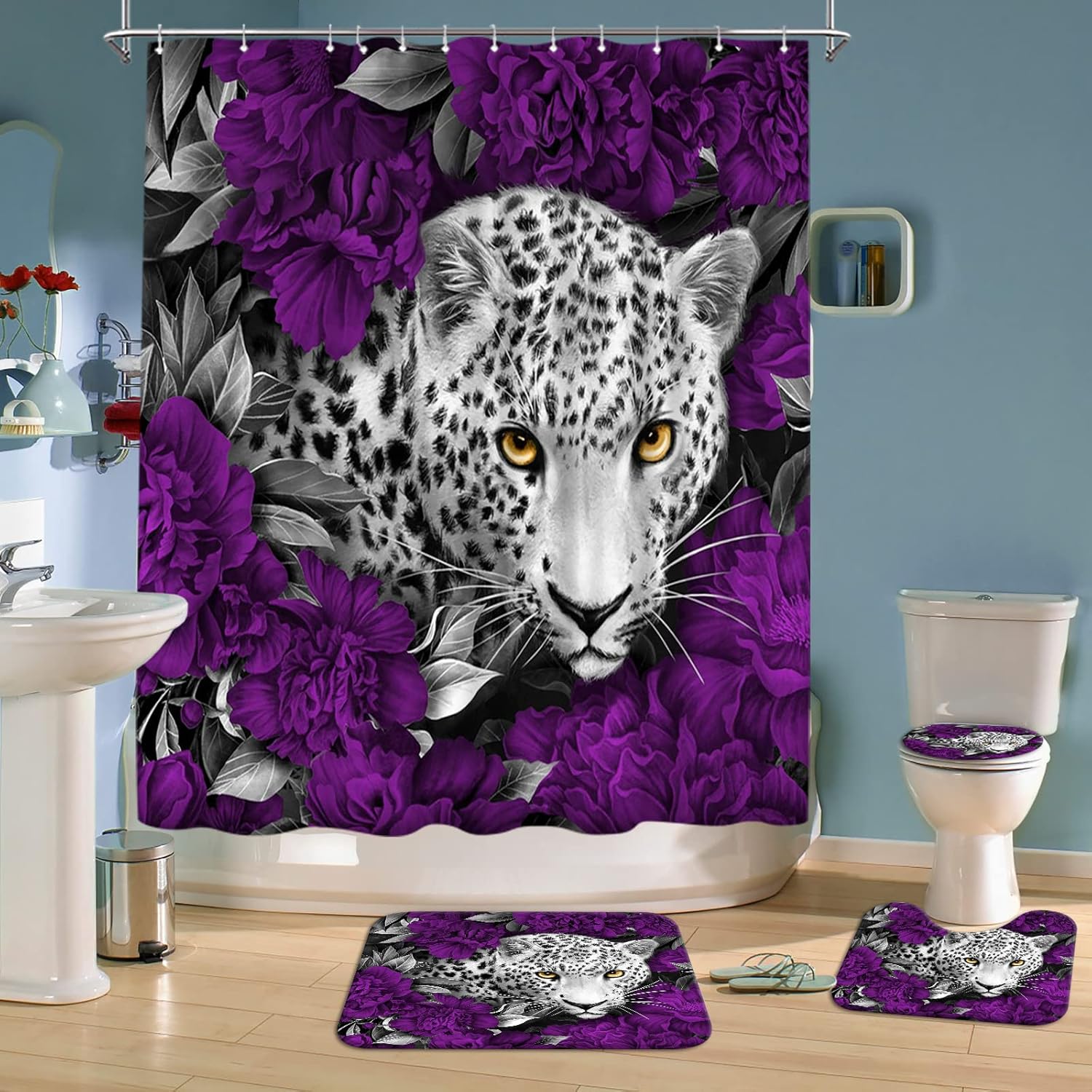 Purple Shower Curtain Set Leopard Shower Curtain Purple Bathroom Sets with Shower Curtain and Rugs, Set of 4 Piece (Purple)