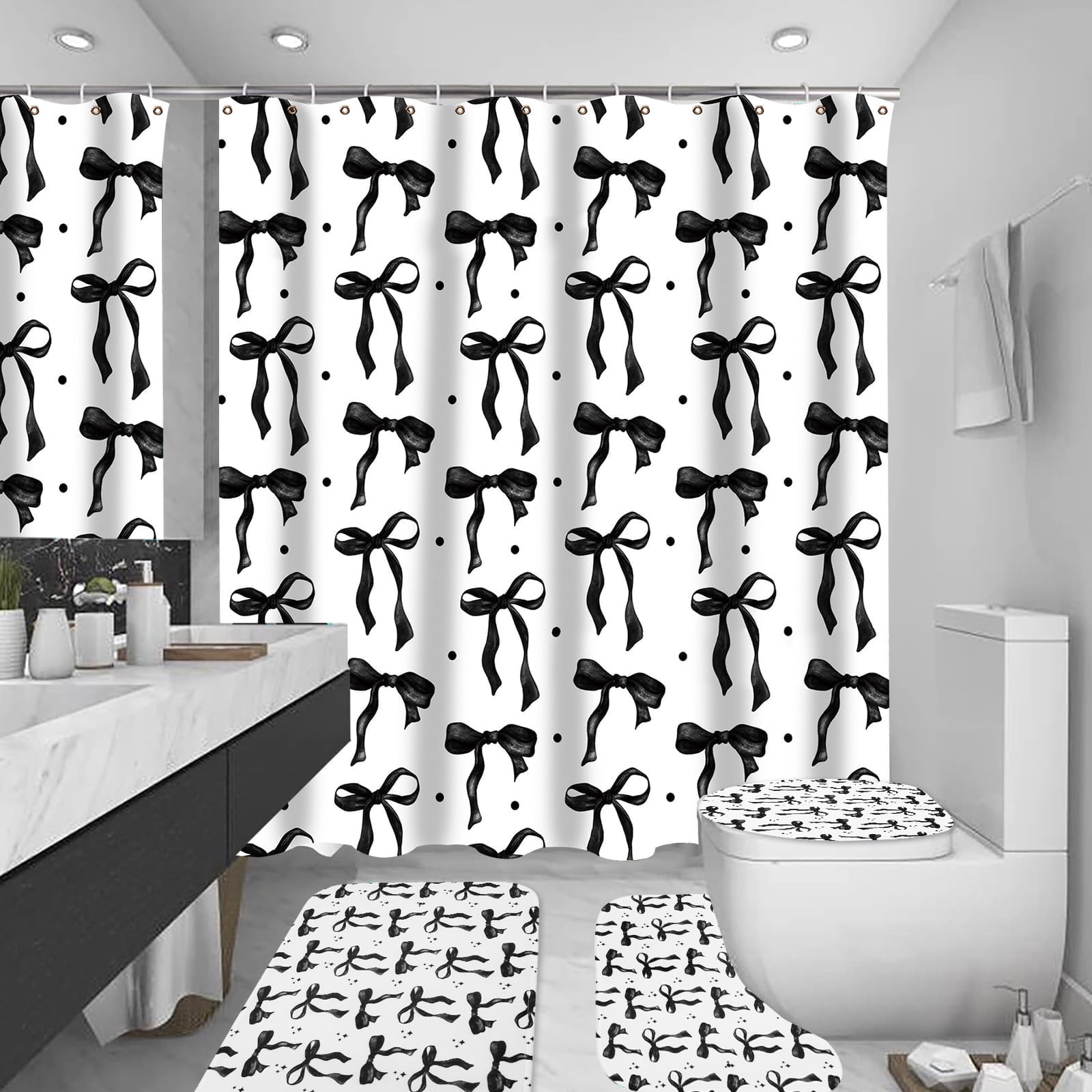 Dznils Black Bow Shower Curtain and Rug Sets, 16pc Modern Fabric Bathroom Curtain Sets, 72" x 72"