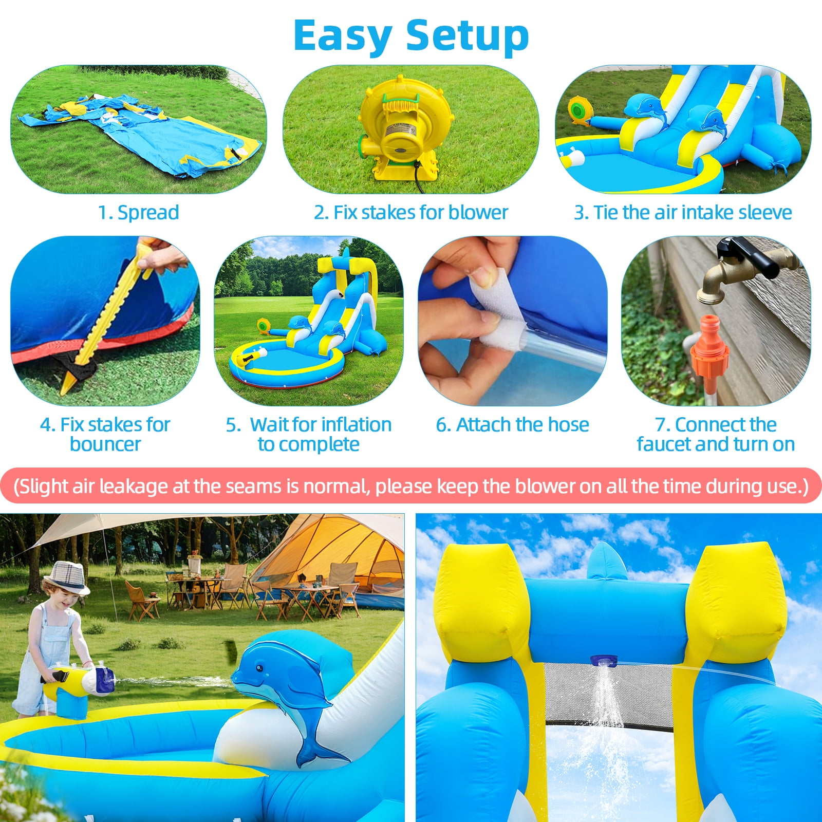 Inflatable Water Slide: 4 in 1 Bounce House Water Park Dolphin Style for Kids - Climbing Wall Splash Pool Water Cannon - 370W Blower - Wet & Dry Indoor Outdoor Backyard Birthday Party
