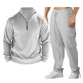 thumbnail image 1 of Styesk Tenues pour Hommes 2 Pcs Ensemble Décontracté Couleur Unie Sports Manches Longues Poche Zippée Col Rabattu Pantalon Long, 1 of 8