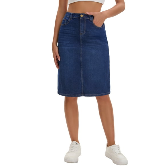 INSPIRE CHIC Women's Jean Skirt High Waist Back Slit Stretch Below Knee Length Denim Skirts 2XL Dark Blue