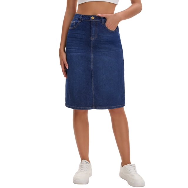 Falda de mezclilla de mujer Inspire Chic, de cintura alta, con abertura trasera, hasta la rodilla, color azul oscuro, talla 2XL