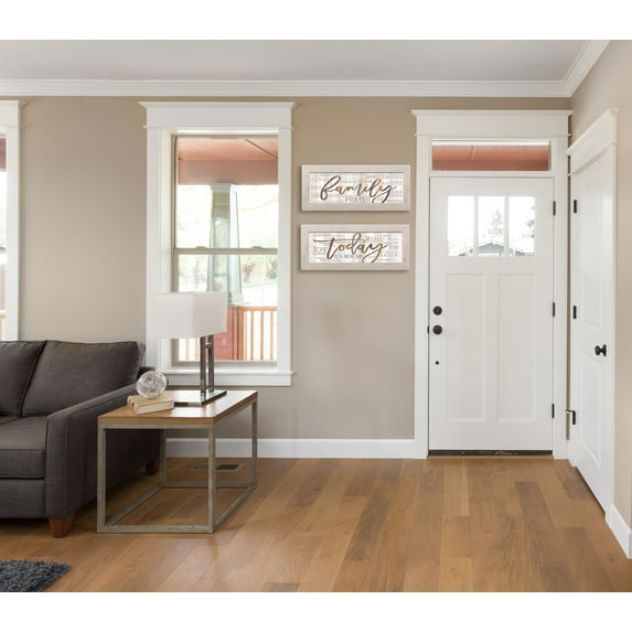 Gango Home Decor Contemporary Religious Typography Wall Art; Two Brown 18x8in Art Prints in Distressed White Frames