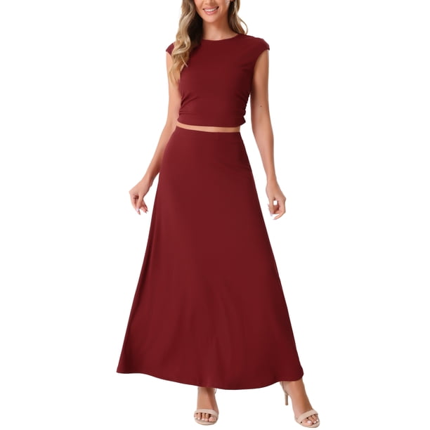 Conjunto de falda de dos piezas INSPIRE CHIC con cuello redondo, manga corta, top corto, cintura elástica y falda midi en forma de A