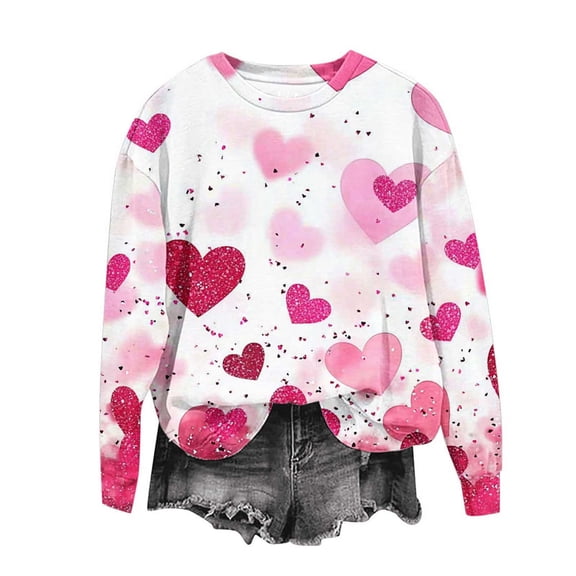 DailyTrove Womens Winter Pink White Heart Puff Sleeve Sweater - Long Sleeve Loose Fit, Casual Daily Wear,Hot Pink,L