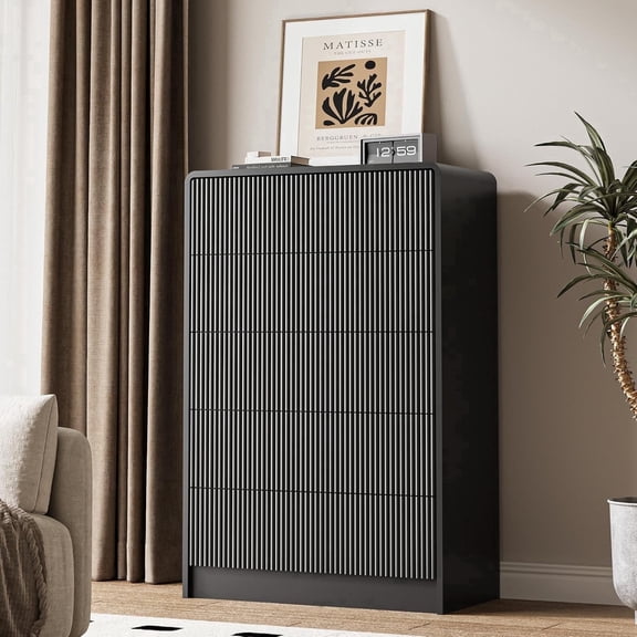 FURNIWAY Black Curved 5 Drawer Dresser, Wide Modern Long Dresser for Bedroom, Living Room, or Entryway, Push to Open Storage Chest, Minimalist Scandinavian Style