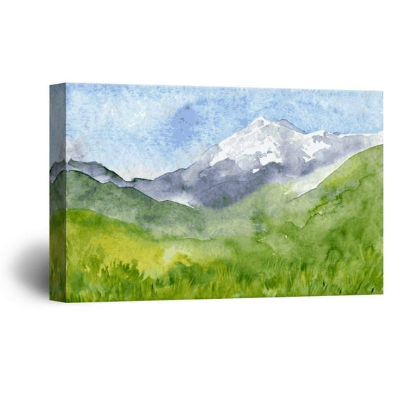 wall26 Canvas Print Wall Art Snowy Mountain Peak & Green Meadow Nature Wilderness Watercolor Modern Art Rustic Scenic Colorful Multicolor Cool Zen for Living Room, Bedroom, Office - 24"x36&q