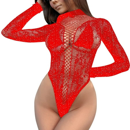 CZSCPDAW Women Sexy Lingerie Teddy Bodysuit Fun Lingerie Sexy Pajamas Mesh Clothes Long Sleeved Hollowed Out Mesh Clothes Garter Straps Backless Bikini Three Points