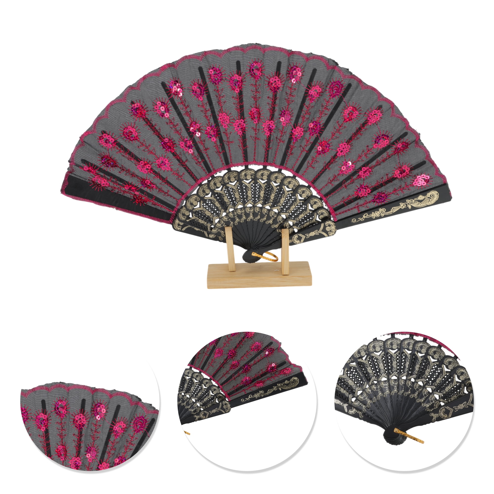 Unique Bargains Beautiful Sequins Folding Fan 1 Pc Rose Red