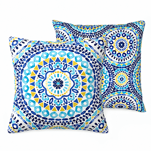 Set of 2 Boho Mandala Throw Pillow Covers 18x18 Inch, Double-Sided Plush Decorative Pillow Cases, Blue Green Yellow Mosaic Coastal Cushion Covers for Couch Sofa Bed Living Room Patio