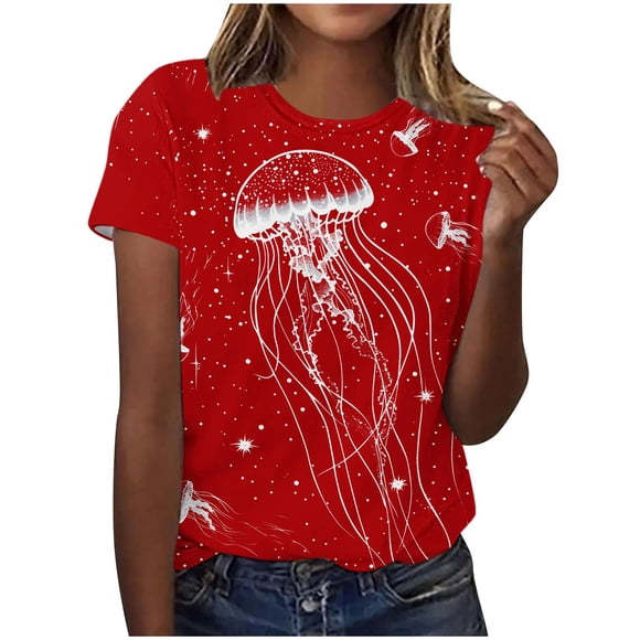 Tops de Ajuste Suelto para las Mujeres Sudadera Casual Impresa Manga Corta Cuello Redondo Superior, Poliéster