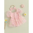 thumbnail image 4 of Musuos Baby Girl Summer Romper Dress 3M 6M 12M 18M Short Puff Sleeve 3D Flower Jumpsusit Tulle Dress with Headband Set 2Pcs Clothes, 4 of 9