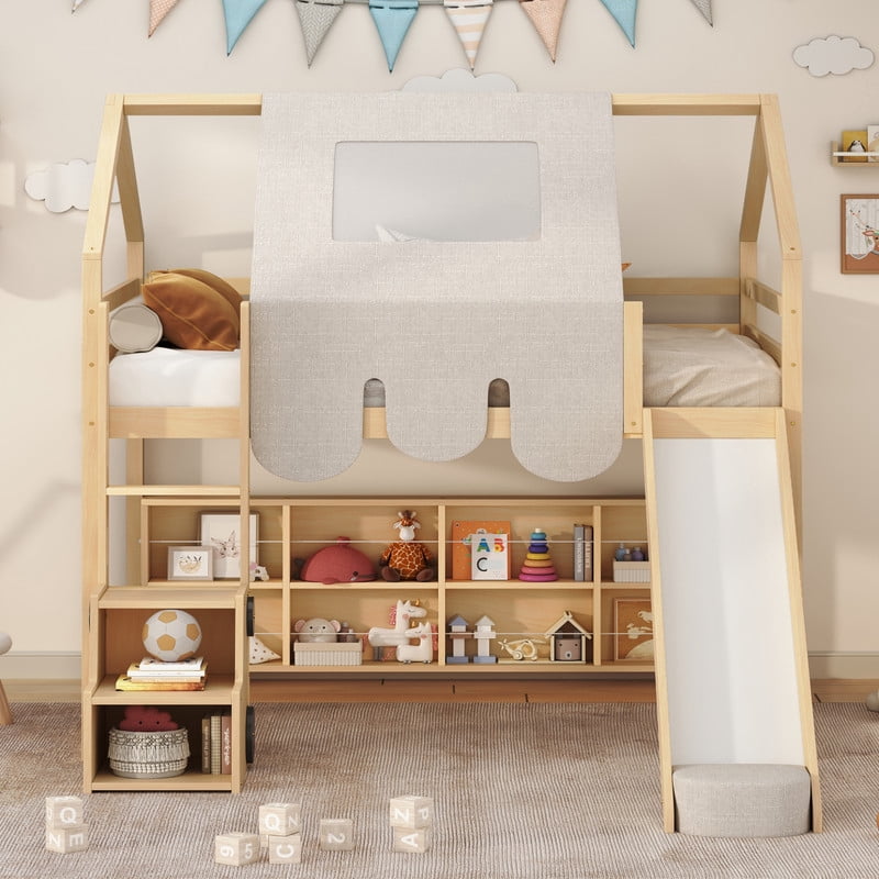 Full Size Wooden Loft Bed with Slide and Tent, House-Shaped Frame Kids Loft Bed with Ladder, Under-Bed Storage Shelves and Toy Organizer, Playhouse Bed for Bedroom