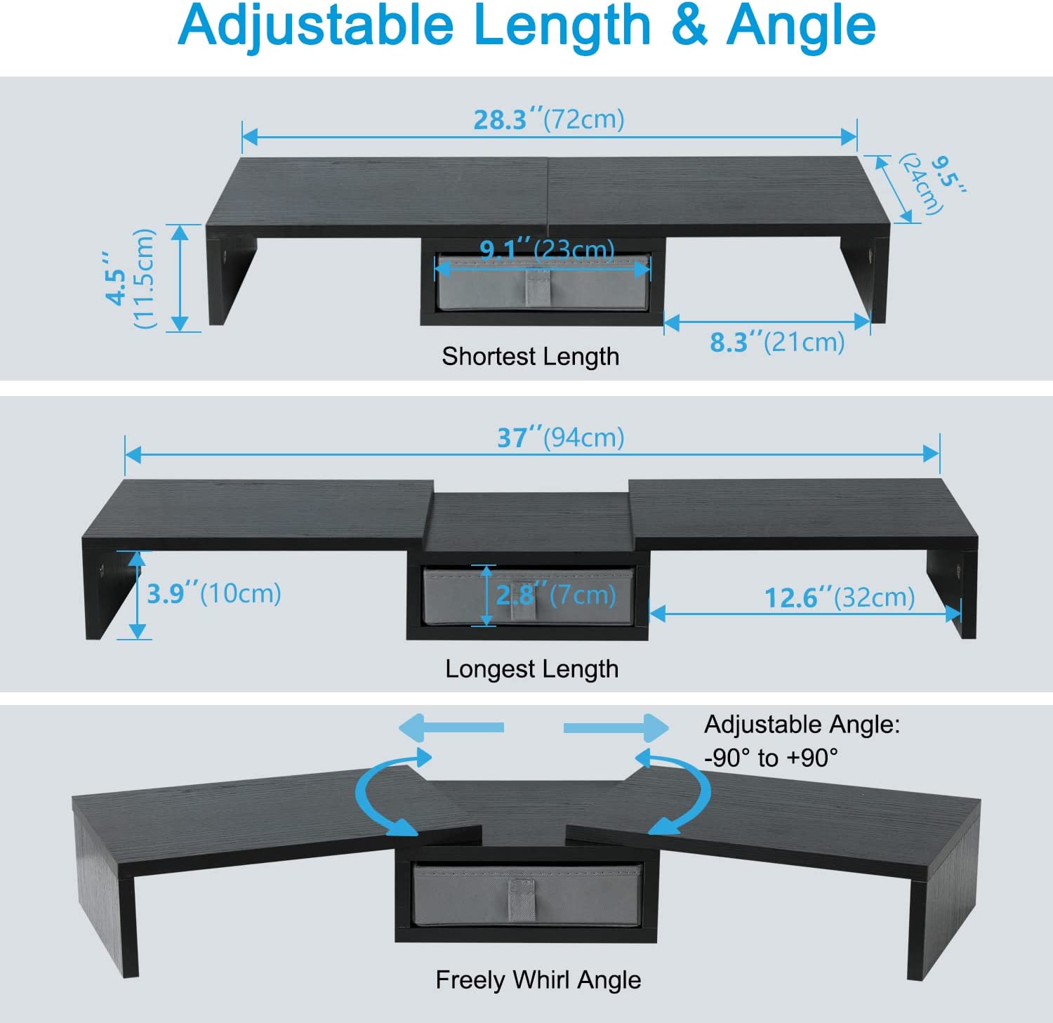 Dual Monitor Stand Riser with Drawer - Length and Angle Adjustable Double Monitor Riser Corner Desk Shelf Organizer 37 inch Long Monitor Riser for 2 Monitors/Laptop/PC/Screen/TV