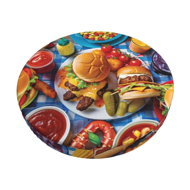 Balery Vibrant Picnic Food Spread Fundas de asiento para taburete de bar redondo de tela de terciopelo ajustables que protegen de arañazos y manchas para sillas de 14 a 17 pulgadas.-12 inch