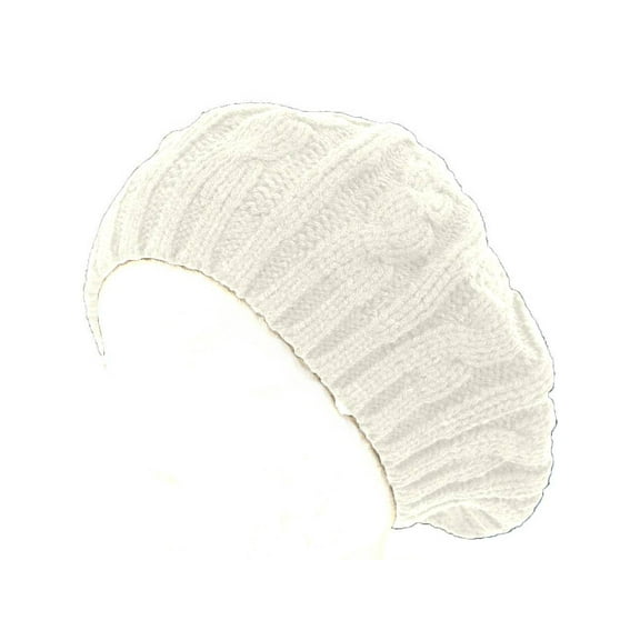 Cable Knit Winter Ski Beret Knit Tam Skull Cap - White