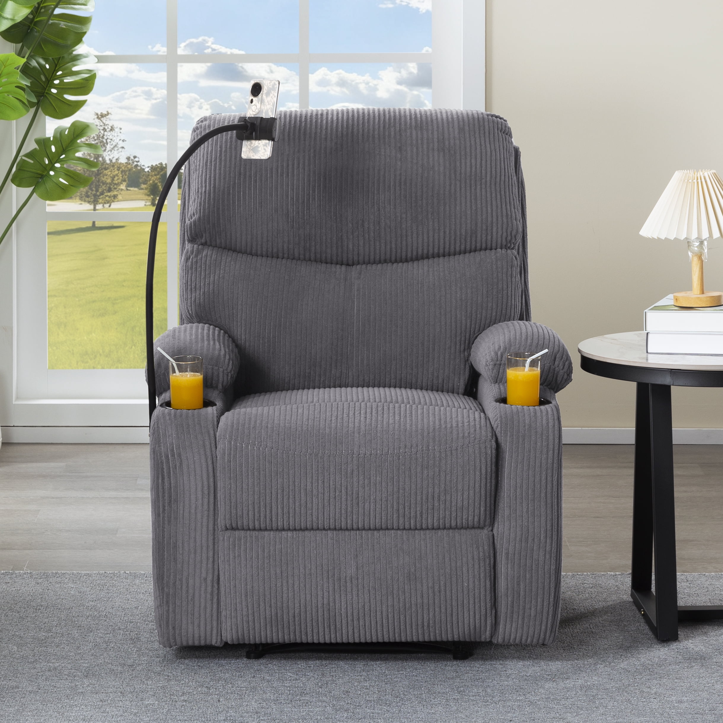 Gewnee Manual Reclining Chair,Corduroy Modern Overstuffed Recliner with Cup Holders & Phone Holder,Single Sofa for Living Room and Bedroom.Light Grey