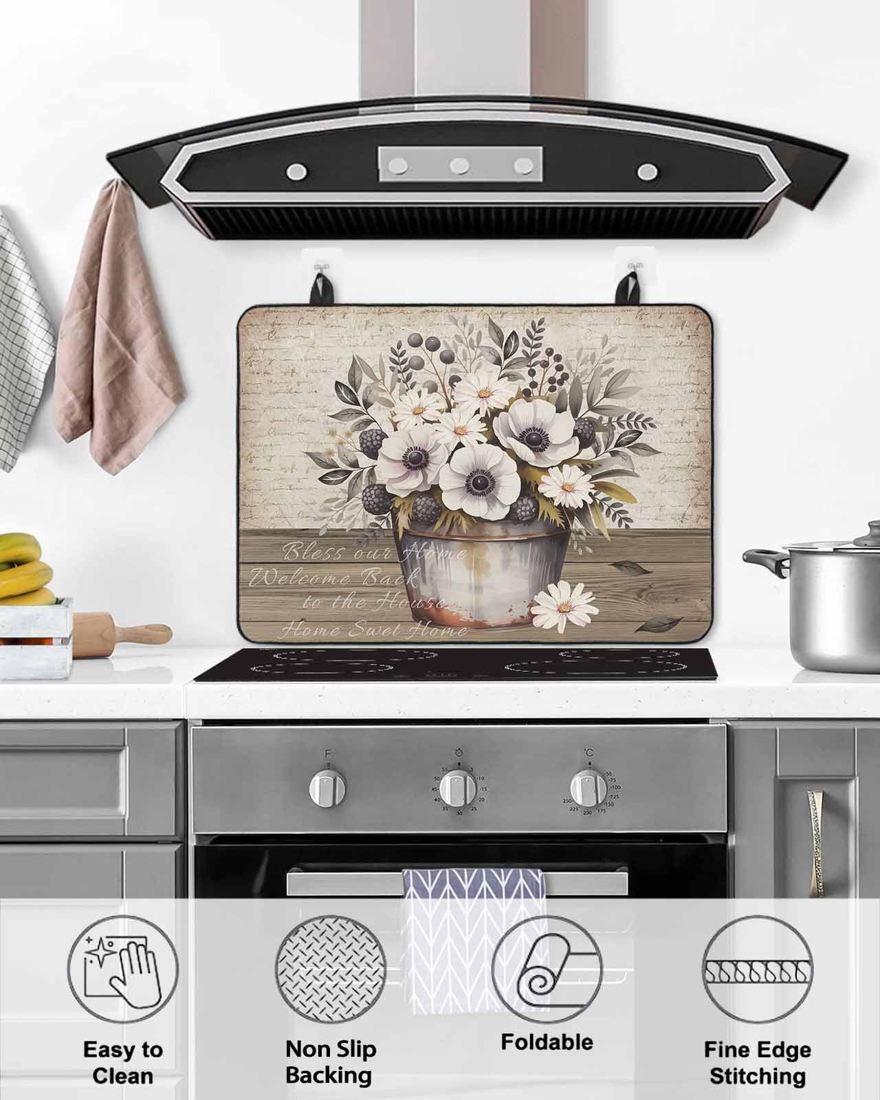 Large Induction Cooktop Protector Mat Vintage Flowers Stove Top Covers for Electric Stove, Farmhouse Floral Leaves Retro Wood Board Decorative Stove Burner Cover Mats, Glass Top Stove Cover