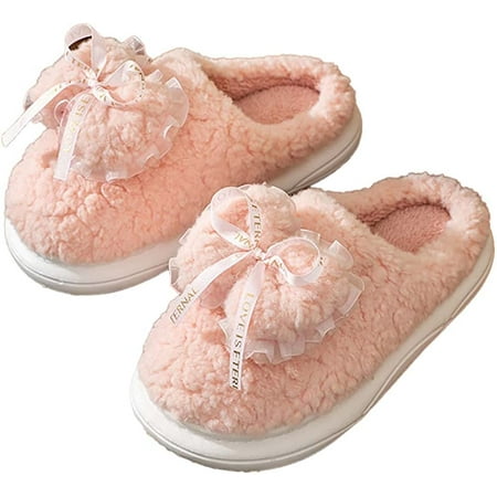 

DanceeMangoo Women Cute Trendy Bow Lace Fluffy Slippers Warm Soft Furry Fur Indoor House Shoes Outdoor Heel Cover