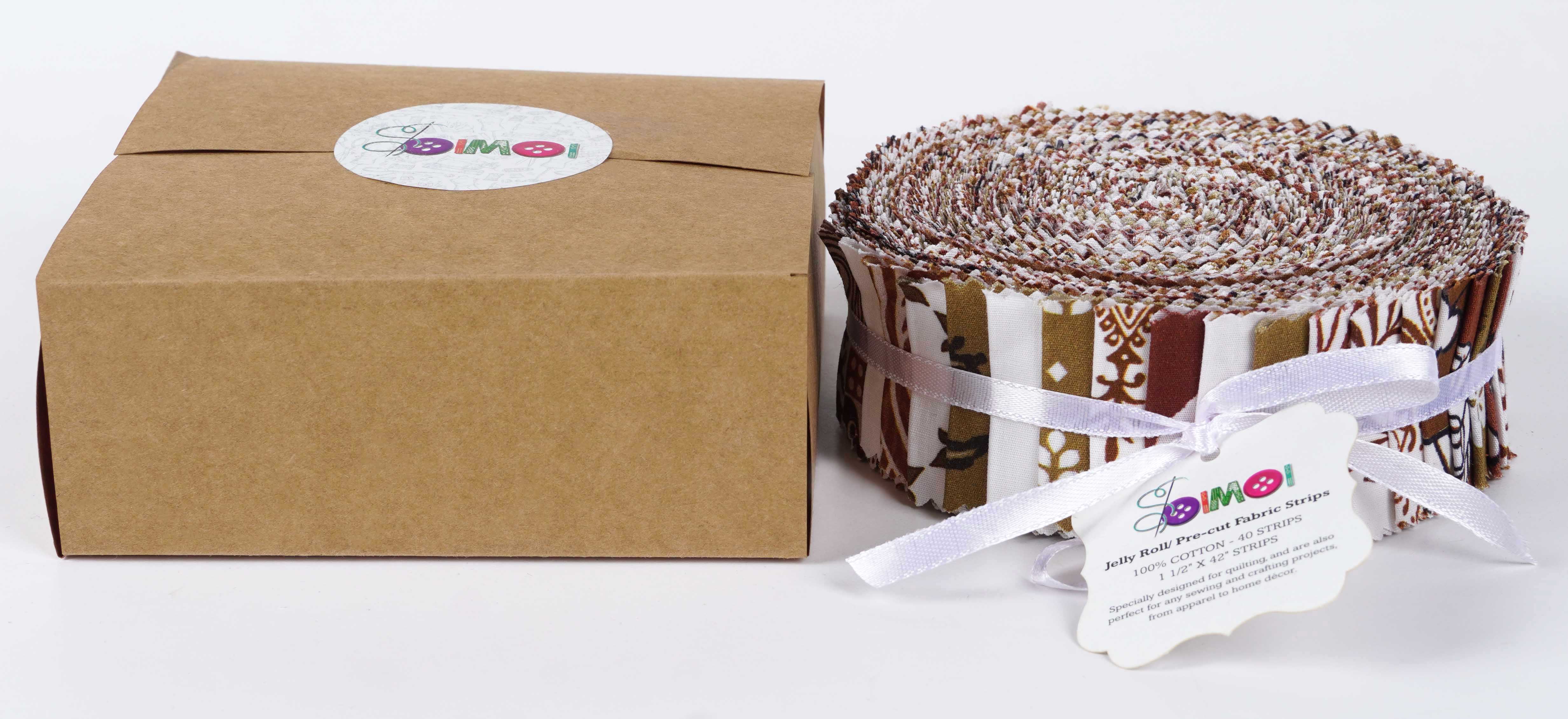 Soimoi 40Pcs Block Print Precut Fabrics Strips Roll Up 1.5x42inches Cotton Jelly Rolls For Quilting - Light Brown