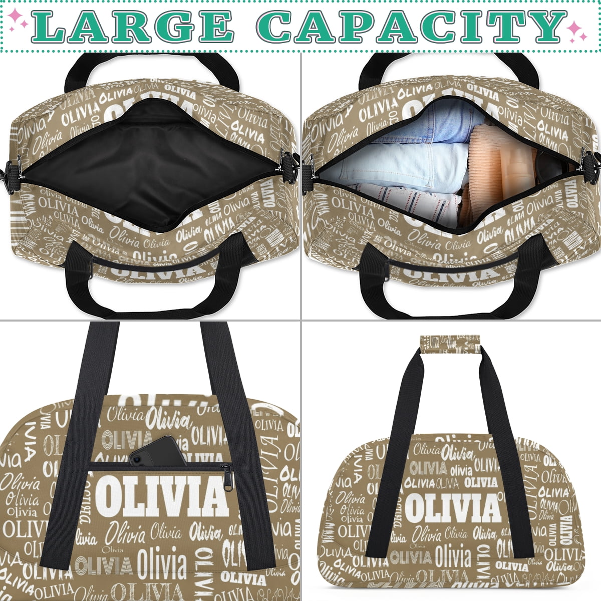 Personalized Gym Bag for Girls Custom Dance Bag Overnight Swimming Sports Bag Light Khaki