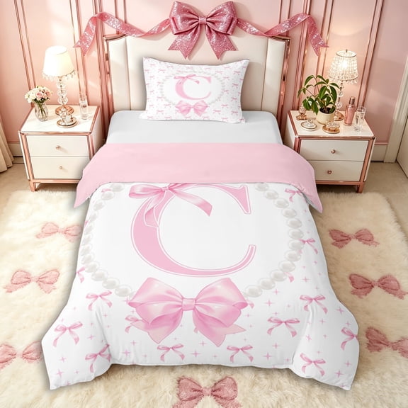 Manfei Ribbon Bow Tie Letter C Monogrammed Twin Bedding for Teens Girls,Kids Cute Bowknot Pearl Duvet Cover Set,Pink Reversible,Super Cozy Room Decor,2pcs,No Comforter
