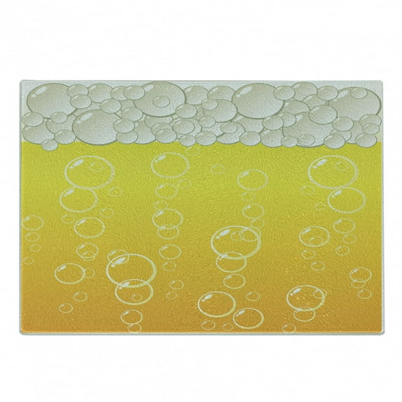 Abstract Cutting Board, Close up Bubbles and Beer Macro Alcohol Drink Refreshment Graphic Illustration, Decorative Tempered Glass Cutting and Serving Board, Small Size, Yellow White, by Ambesonne