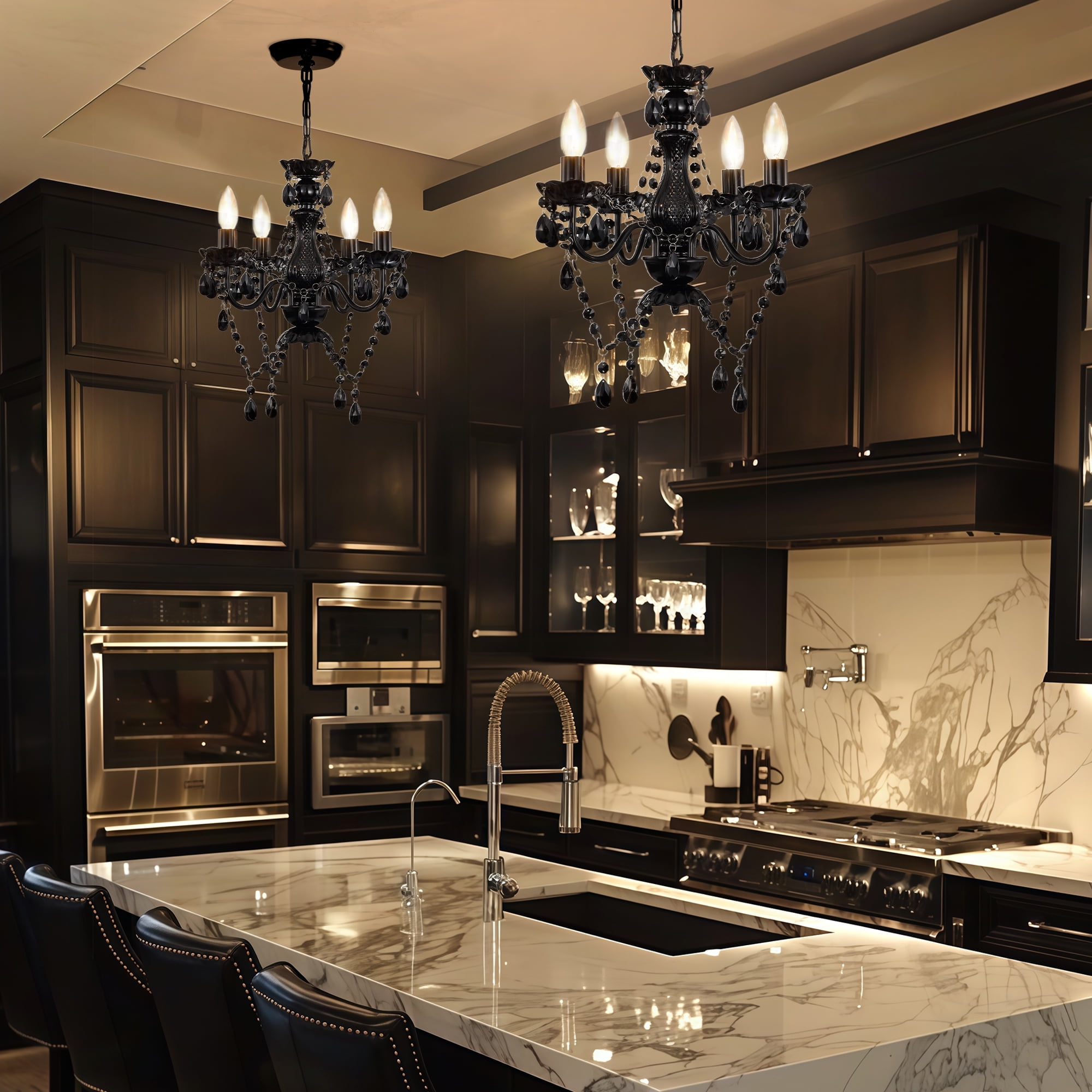 Small Crystal Chandelier Ceiling Lights Black 4-Light Fixture For Bedroom Dining Room