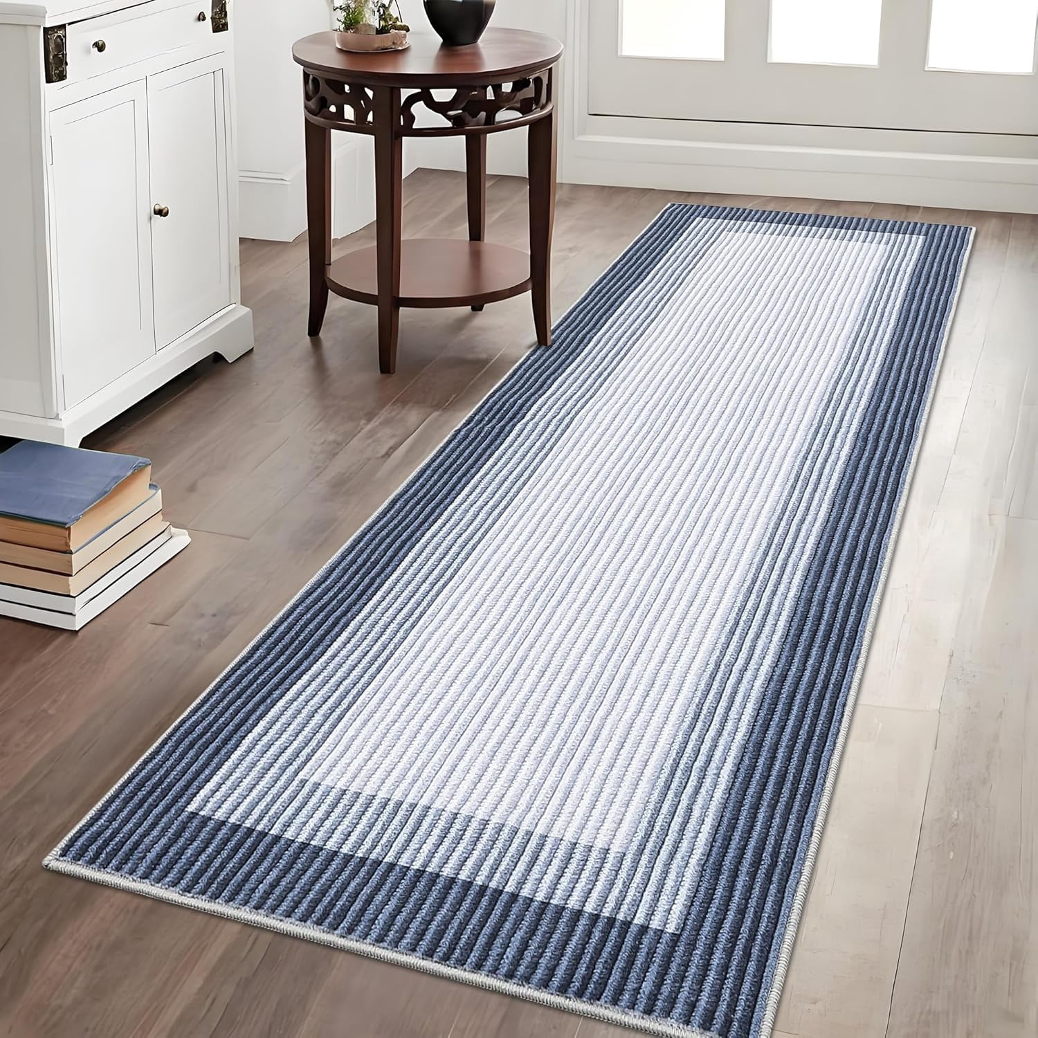 Machine Washable Runner Rug 2x6 Modern Neutral Kitchen Rug, Low Pile Bedside Non-Shedding Soft Bordered Carpet for Entryway, Bathroom, Laundry Room, Blue