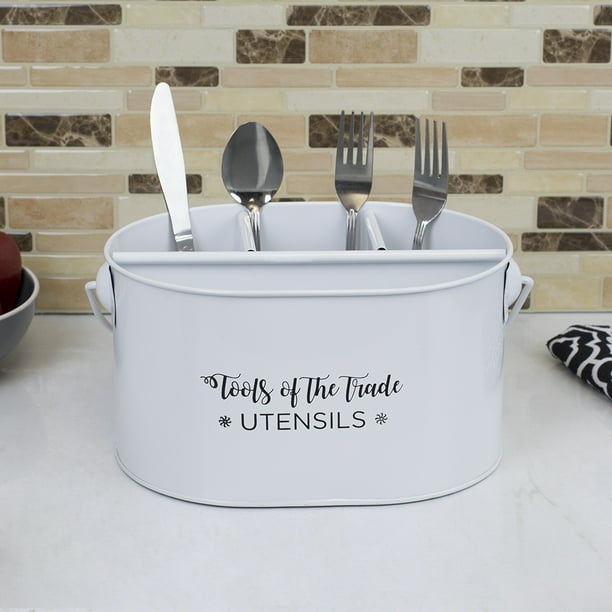 Cuisine Collection Tin Utensil Holder with Wood Handle, White - Walmart