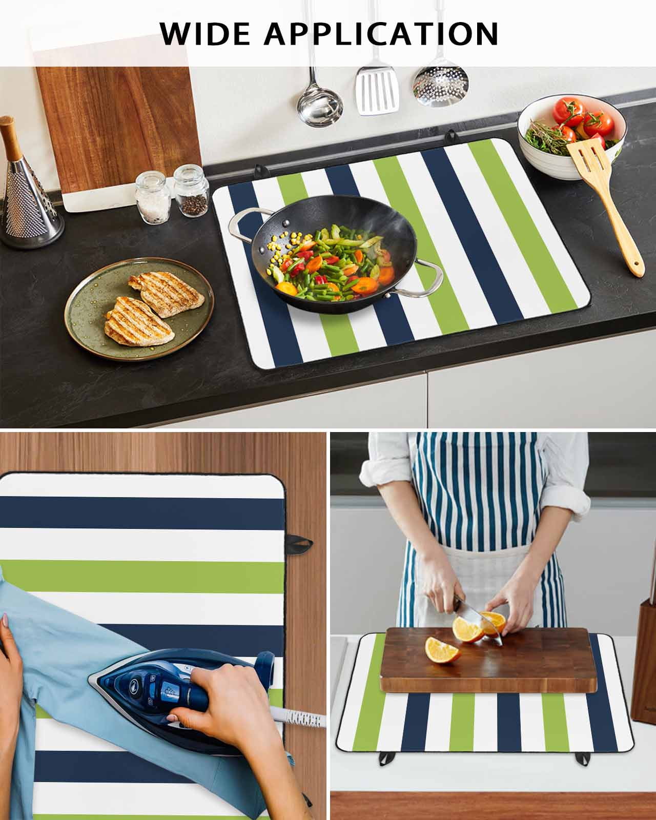 nqOlkjepod Large Induction Cooktop Protector Mat 24"x21", Green Navy Blue Striped Stove Top Covers for Electric Stove, Farmhouse Stripe Art Decorative Stove Burner Cover Mats, Glass Top Stove Cover