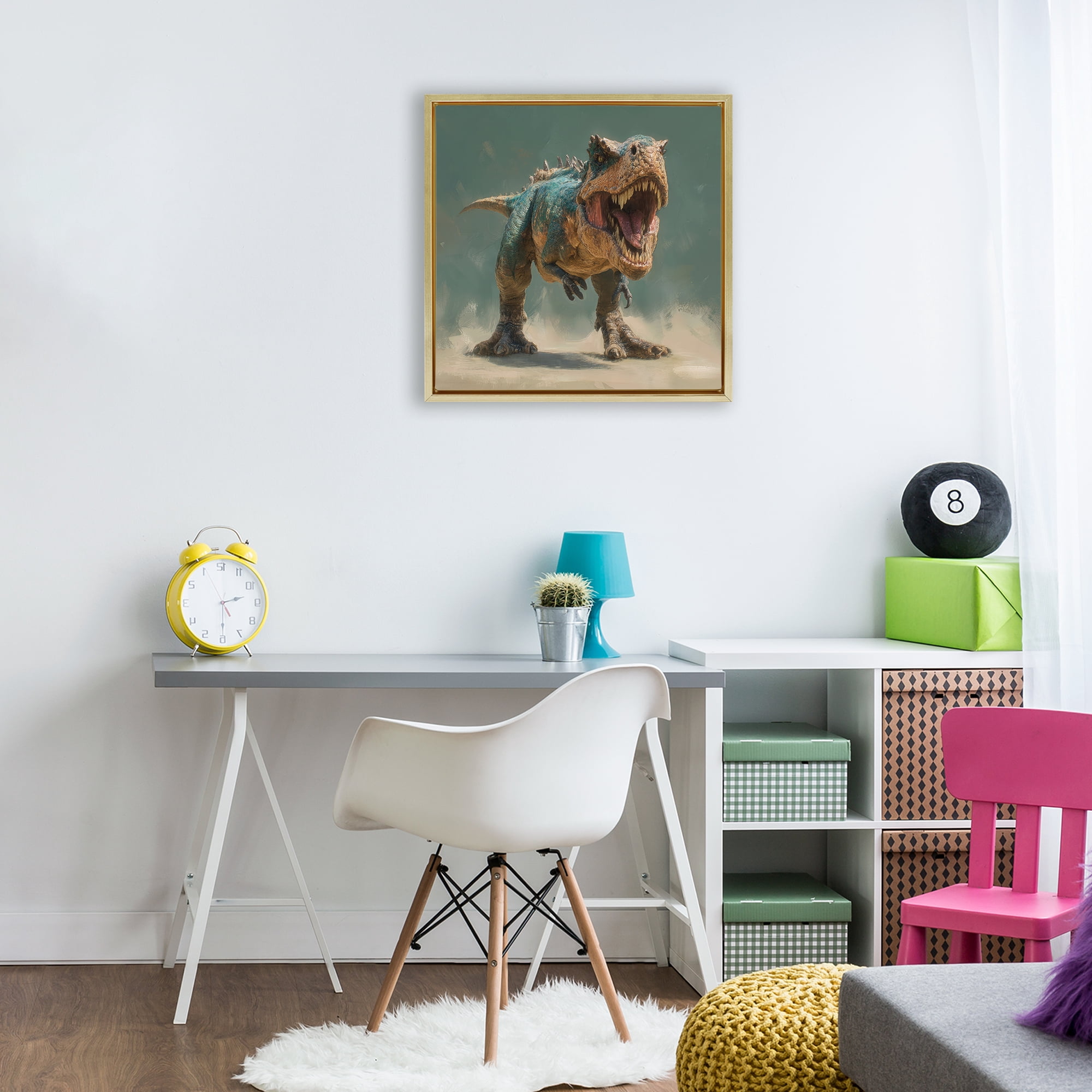 Stupell Industries Roaring T-Rex in Green Gold Framed Floater Canvas Wall Art, design by Wumples