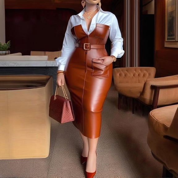 MORTTIC Women's Faux Leather Panel Shirt V-Collar Long Sleeve Belted Hem Slit Maxi Dress with Pockets Brown,S