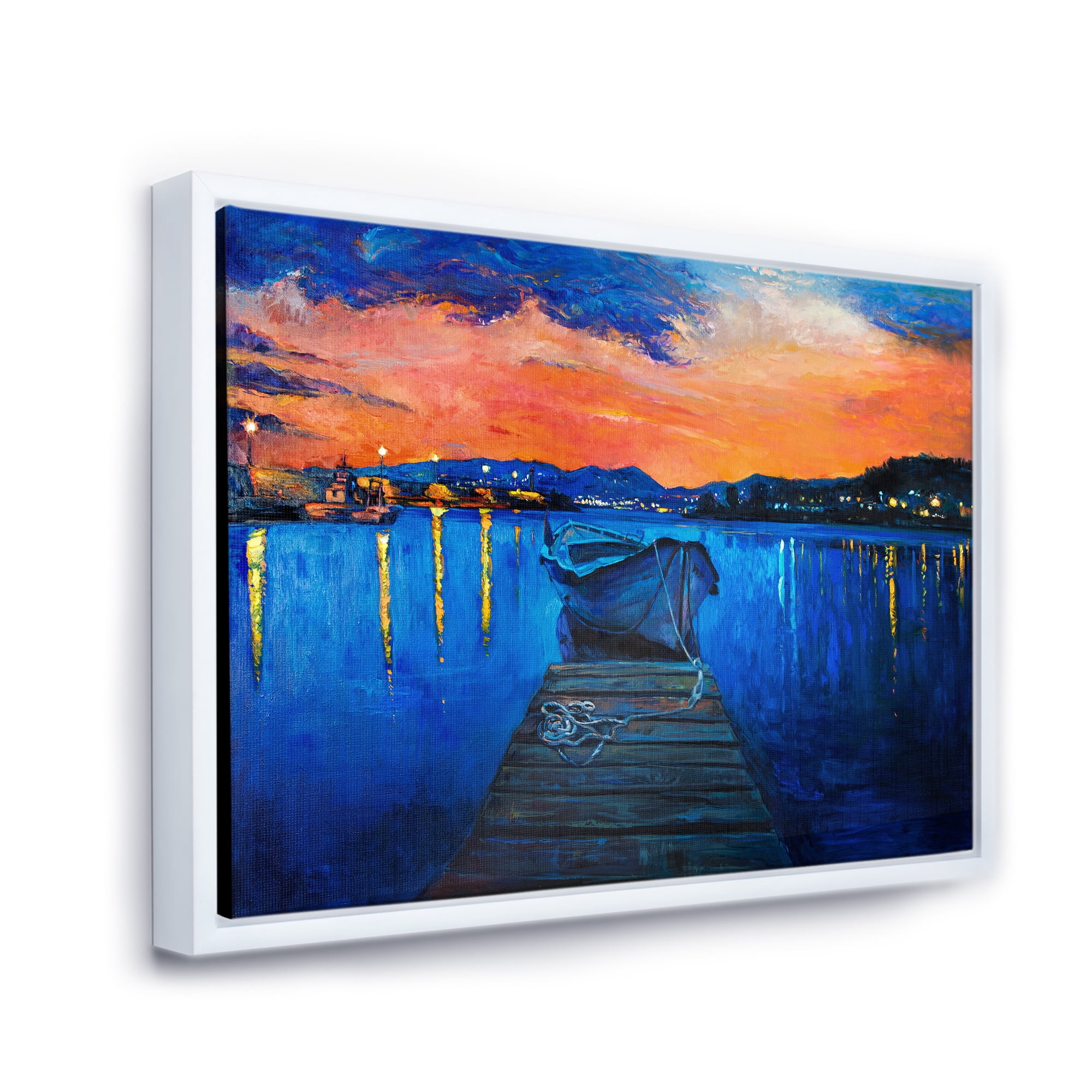 Designart 'Boats During Warm Sunset Resting On The Water III' Nautical & Coastal Framed Canvas Wall Art Print