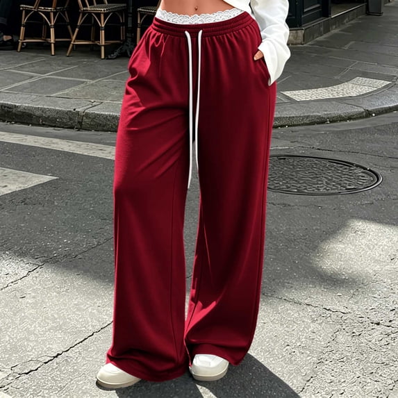 Riecok Straight Leg Sweatpants for Women Plus Size Elastic Waist Pants with Ruffle Drawstring Sweat Pant Fall Trouser with Pockets Red L