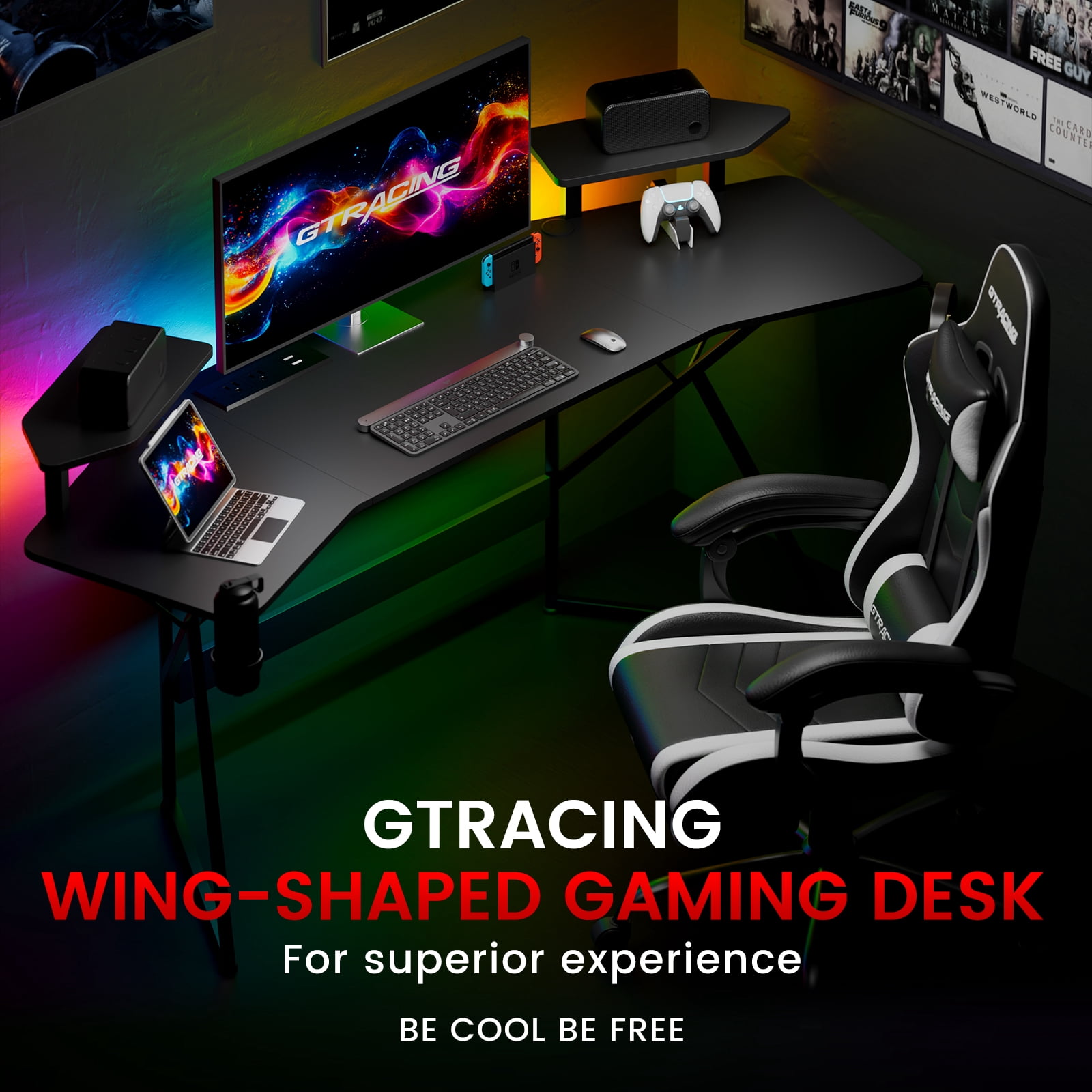 GTRACING Wing-Shaped Gaming Desk with Power Outlet, RGB LED Lights, Removable Monitor Stand, Full-sized Mouse Pad, Headphone Hook & Cup Holder, Black