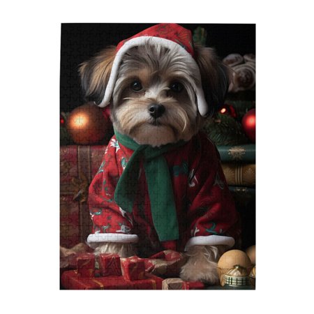 1000-Piece Wooden Jigsaw Puzzle for Adults - Christmas Dog Festive Gifts Fun & Relaxing Family Game No-Dust Interlocking Pieces Perfect Wall Decor & Holiday Gift