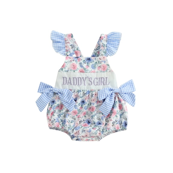 BemeyourBBs Newborn Baby Girl Daddy's Girl Outfits Baby Girl Fathers Day Outfit Romper Fly Sleeve Flower Print Embroidery Letters Front Bow Bodysuit Cute Infant Baby Girl Summer Clothes