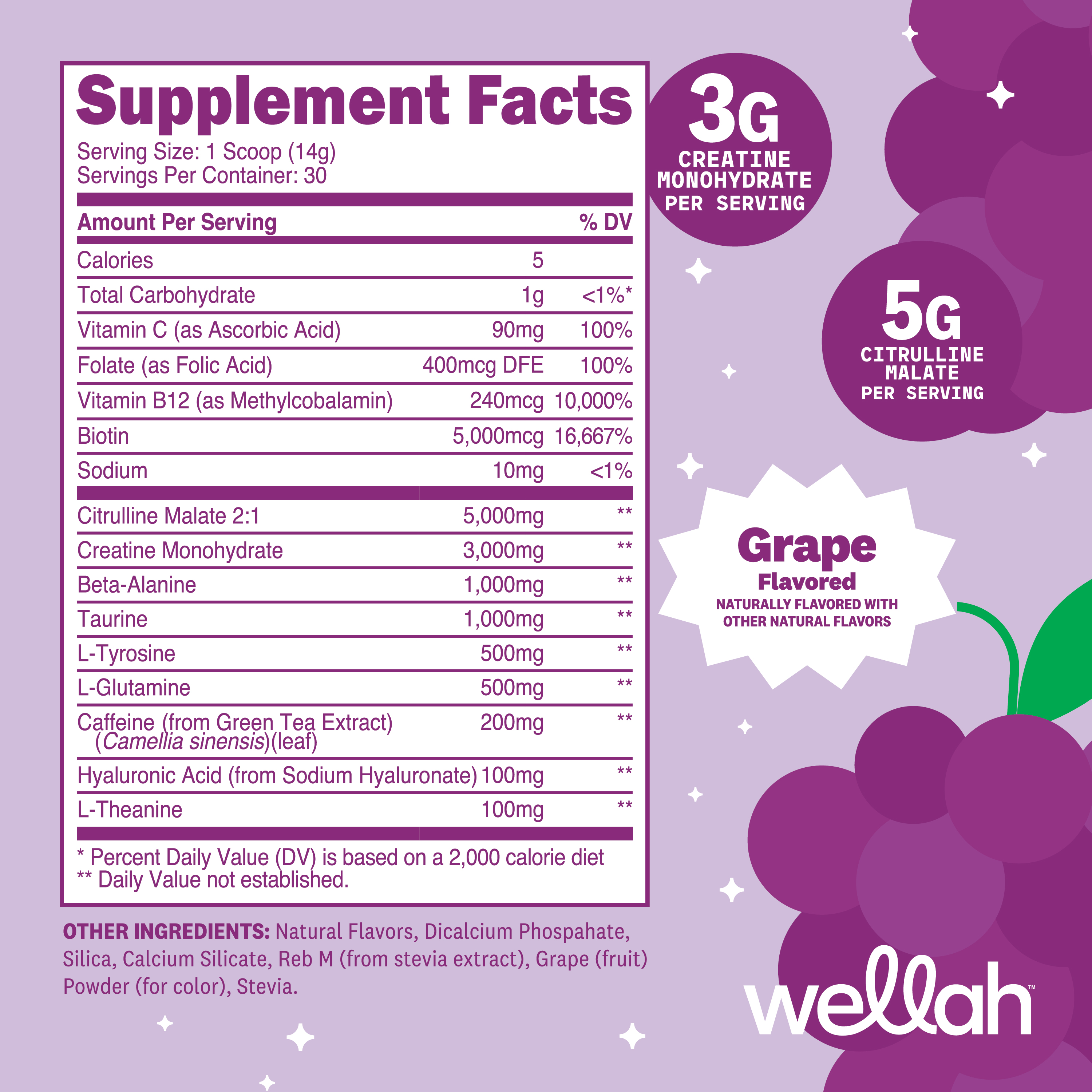 Wellah Pre-Workout + Creatine Powder (30 Servings) Grape - 200mg Caffeine, 3g Creatine Monohydrate, 5g Citrulline Malate, Pre-Workout with Creatine Supplement