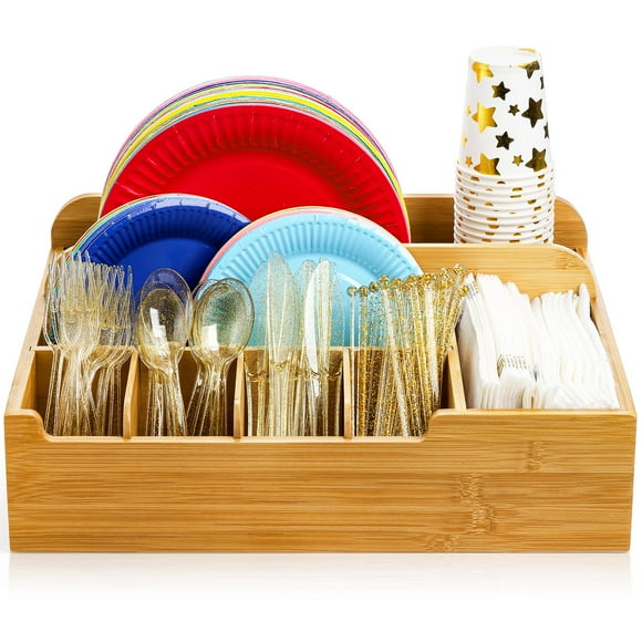 Frcctre Bamboo Utensil Caddy Organizer for Countertop, 8 Compartment Paper Plate Holder, Adjustable Utensil Holder Cutlery Organizer Box for Plate, Cup, Fork, Spoon, Napkin