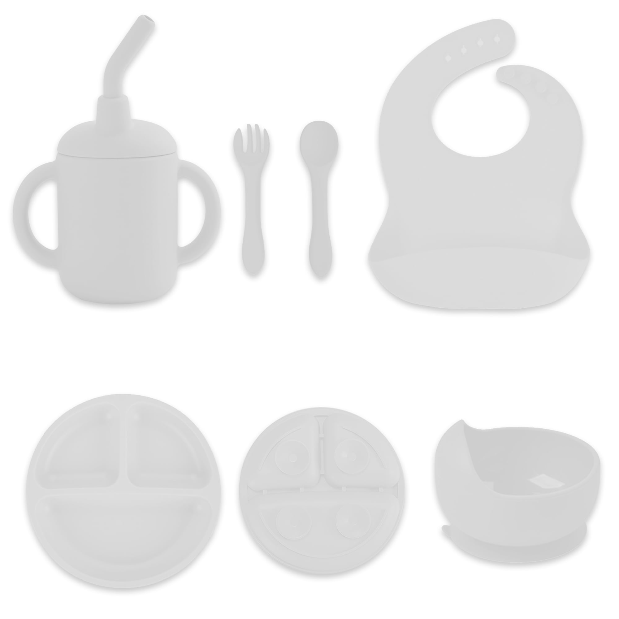 Silicon Feeding Set | Suction Bowl,Suction Plate,Fork, Spoon, Bib, Sippy Straw Cup.