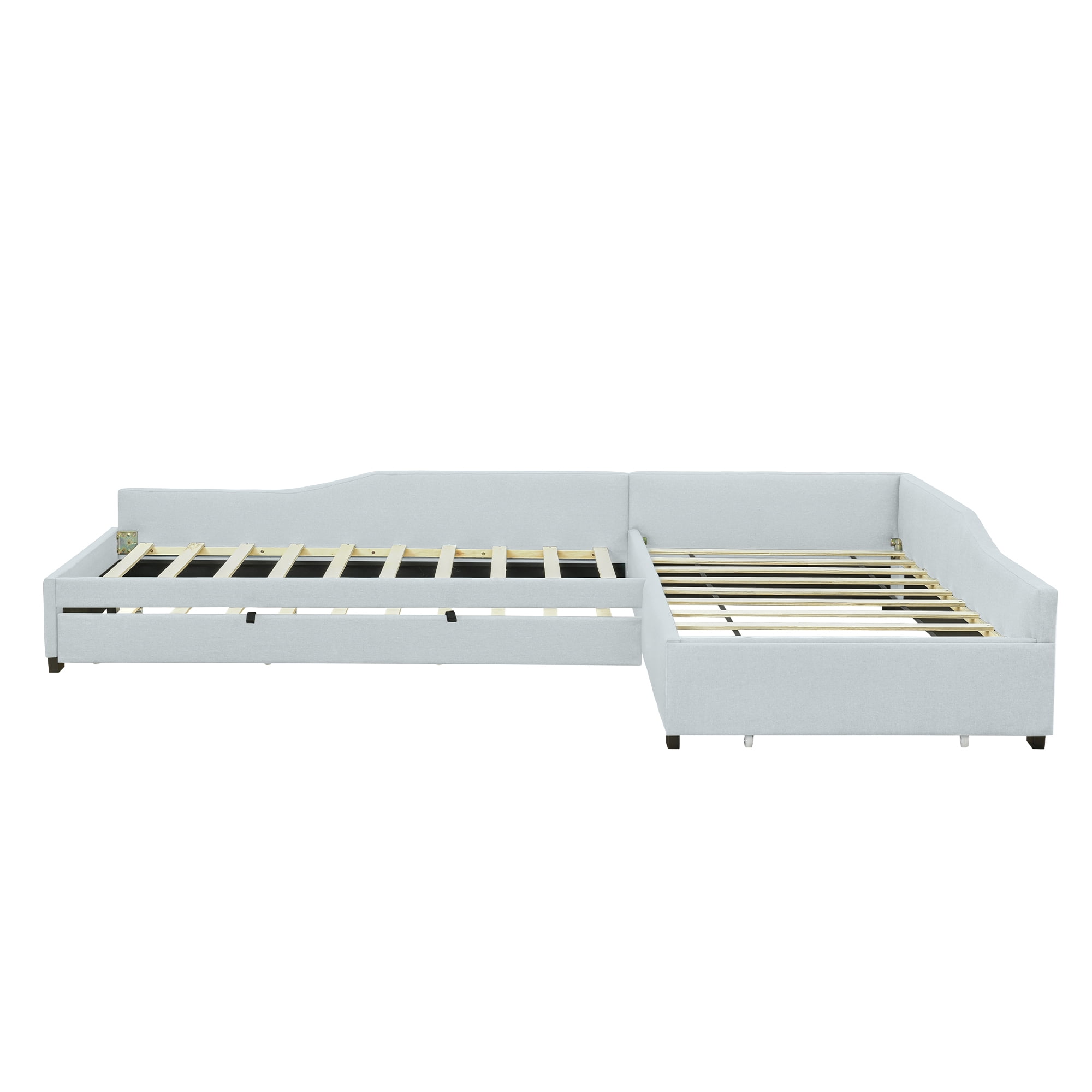 Euroco Modern Upholstered L-Shaped Twin Daybed with Drawer and Trundle, Three Beds in One for Kids, Beige