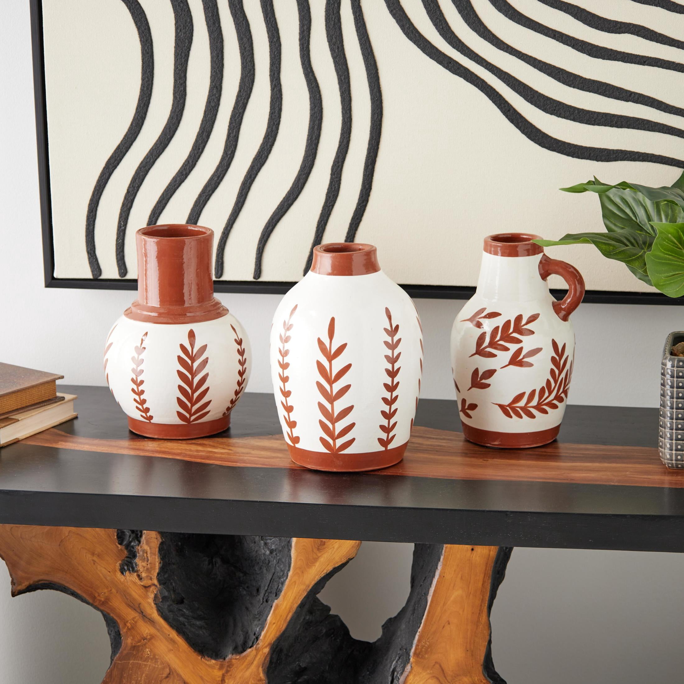 DecMode 6"W, 9"H Floral White Ceramic Vase with Terracotta Colored Detailing, Set of 3