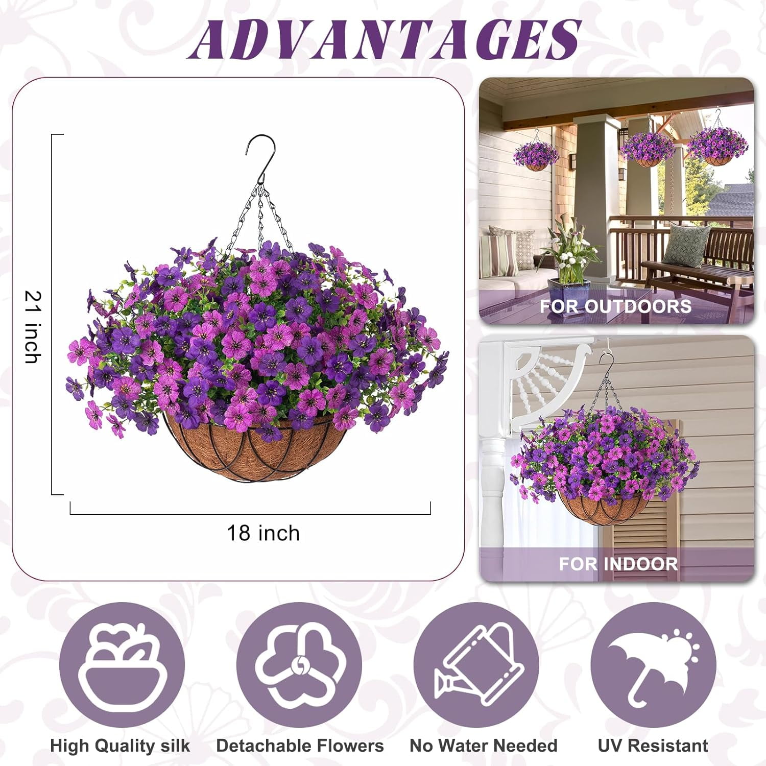 Artificial Faux Hanging Plants Flowers Basket for Outdoor Outside Spring Summer Decoration, Silk Purple Morning Glory in Planter UV Resistant Look Real Fake Flowers for Porch Patio Balcony Home Yard