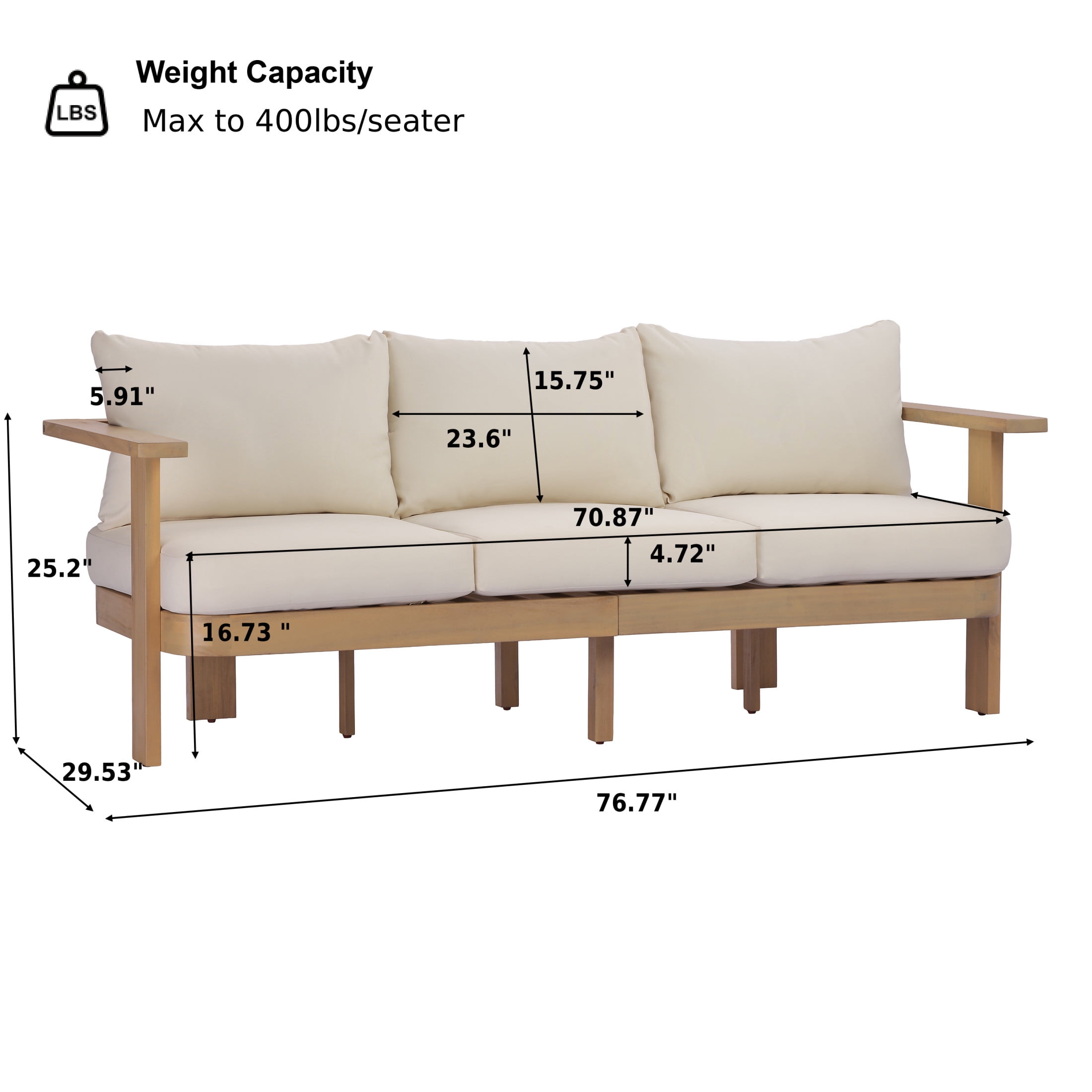 Christopher Knight Home 76.77" Outdoor Acacia Wood 3-Seater Sofa with Cushions, Light Teak + Cream