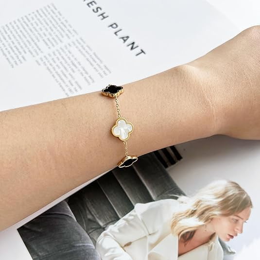 DASAW-18K Gold Plated Bracelet White or Black Clover Bracelet for Women Four Leaf Lucky Bracelets Jewelry Gifts for Women Cute Bracelets Jewelry Gifts Trendy