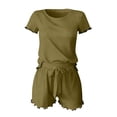 thumbnail image 5 of DYTTDG Women's Silk Short Sleeve Pajama Set | 2-Piece Ruffle Hem Top & Drawstring Shorts with Side Pocket, Solid Color Loungewear for Summer, 5 of 7